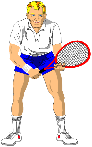 The illustration depicts a male tennis player holding his racket with both hands while standing on court; he is wearing white shorts and shoes, along with an orange shirt.