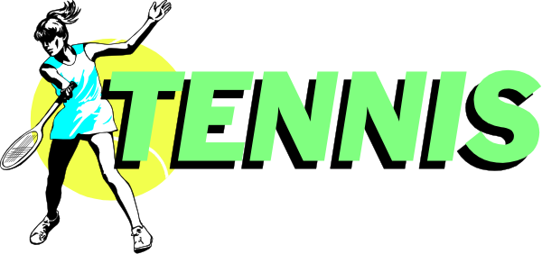 The image shows a graphic with text that reads "TENNIS" at the bottom center of it against an abstract background featuring various shapes in shades of green and yellow.