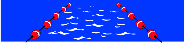 The image shows a blue body of water with red buoys floating on it near an orange life preserver ringed by white waves in what appears to be a calm sea environment.
