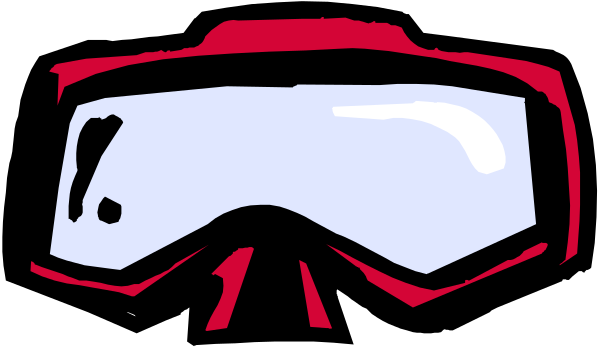 The image shows a stylized graphic of goggles with red lenses against a black background.