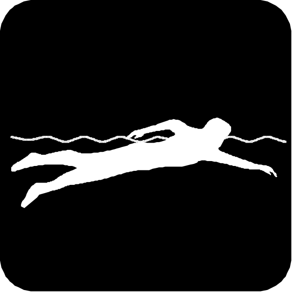 The black and white silhouette of a person swimming with an arrow pointing to them from above.
