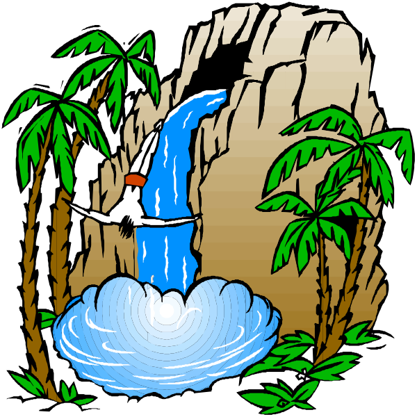 The illustration depicts a cartoon scene with an adventurous theme featuring palm trees on either side of a waterfall that is flowing into a pool below it; there's also a character in mid-air, seemingly jumping from one tree to another over the river.