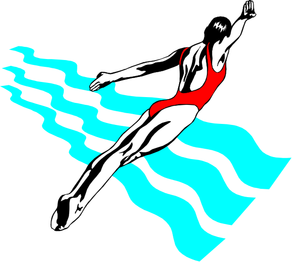 The image shows a black and white illustration of an Olympic swimmer mid-stroke with ripples around them on water surface in front of blue waves.