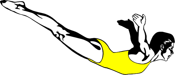 The image shows a person diving into water with their arms outstretched for balance; it is stylized as clip-art in black and white.