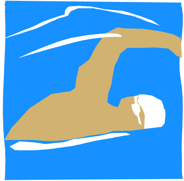 The image shows a cartoon of two swimmer characters: on top left is an adult male with his arms outstretched in front of him as if he's swimming; below right is another character who appears to be younger, also depicted mid-swim but looking upwards and towards the viewer. Both are set against blue background that suggests water.