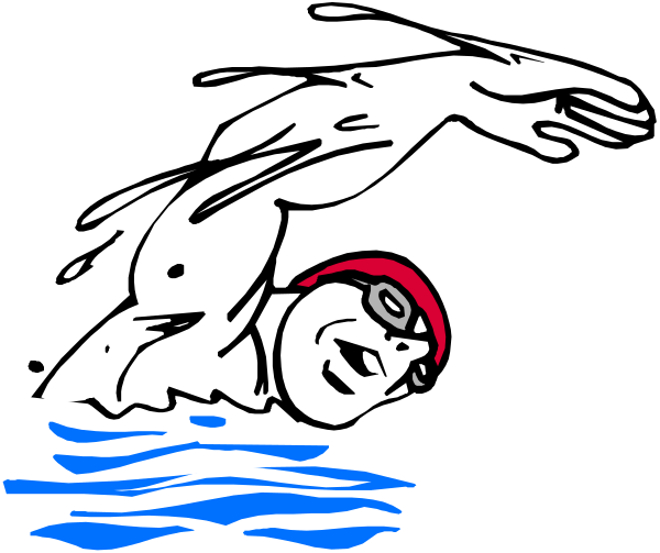 The image shows a cartoon of an athlete diving into water with arms outstretched for balance during competition.