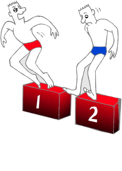 The image shows two cartoon figures on a red platform with numbers 1 through 2 at their feet; both characters appear to be in motion as if running towards each other from opposite sides of the frame. They have exaggerated facial expressions, suggesting surprise or shock. There is no background detail provided beyond what's directly related to this central action. The style appears cartoonish and simplistic with a limited color palette that includes red for the platform, white for both characters, black outlines defining their forms, and gray shading on some parts of them indicating depth or shadowing.