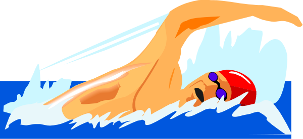 The image shows a cartoon of an athlete swimming with their arms outstretched above them while wearing goggles in mid-air over water, which is depicted by blue lines suggesting waves beneath them.
