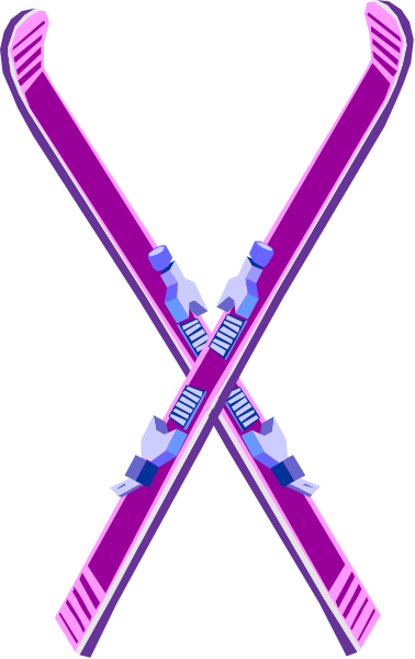The image shows a graphic of three pairs of skis crossed over each other with purple ski poles on top against an unseen background.