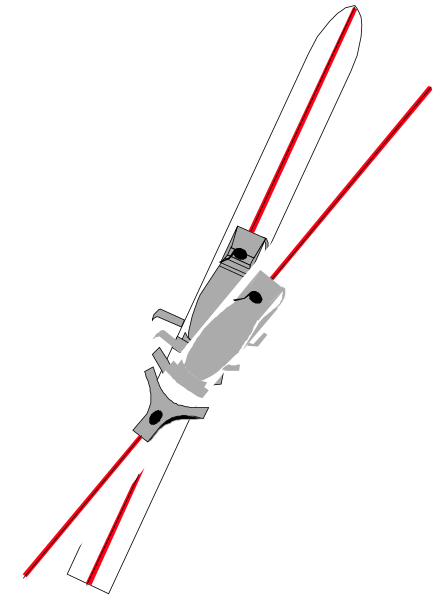 The black and white illustration shows a pair of skis with red stripes on them against a dark background.
