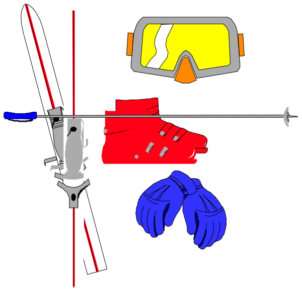 The image shows a collection of winter sports equipment including skis with ski boots attached to them hanging on what appears to be an indoor wall-mounted rack; next to it is a pair of red snow goggles, and below that hangs a blue helmet labeled "Ski Helmet." To the right side there's a black glove. The background color contrasting with these items is dark gray or black.