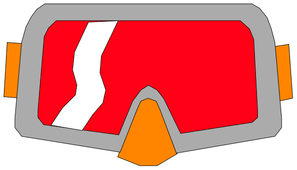 The image shows a pair of goggles with red lenses on top against an orange background that has white text resembling a logo in it.