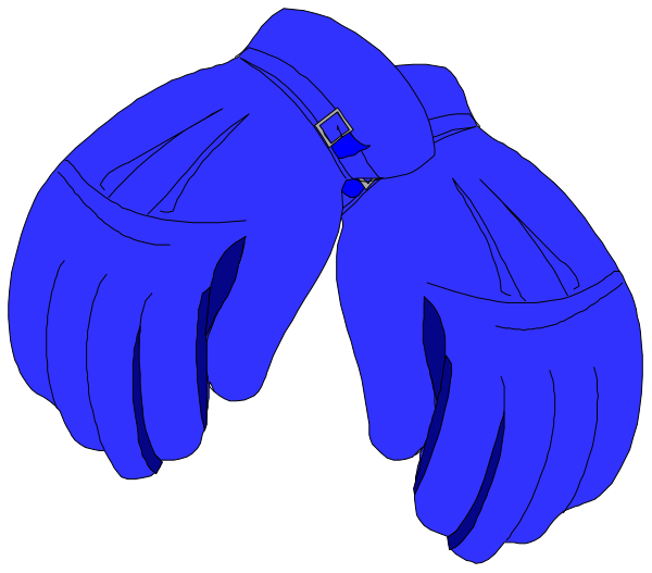 The image shows a pair of blue gloves with ties around their wrists against a black background.