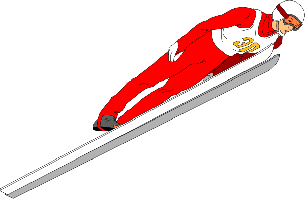 The image shows a cartoon of an athlete on skis racing downhill with their arms outstretched for balance.
