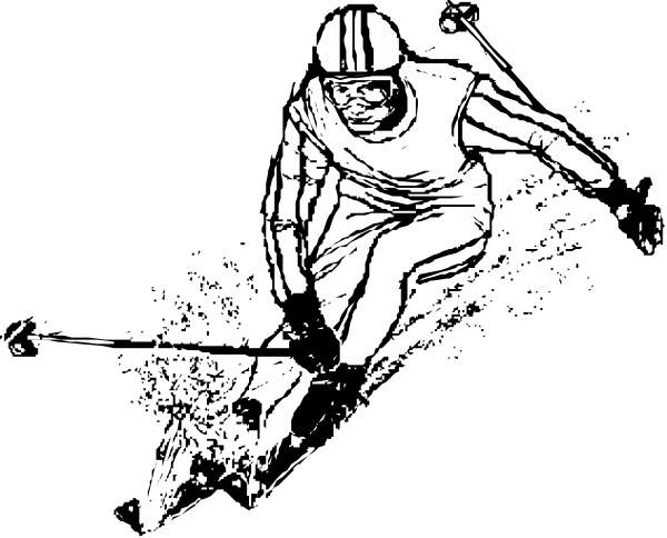 The black and white illustration shows a person on skis jumping over an obstacle with their arms outstretched for balance in mid-air against a dark background.