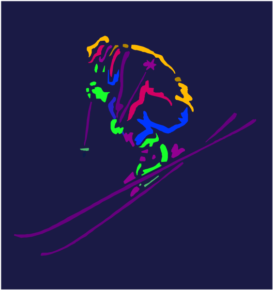 The image shows a colorful illustration of an animated skier on snow with ski poles, set against a dark background that resembles nighttime sky.