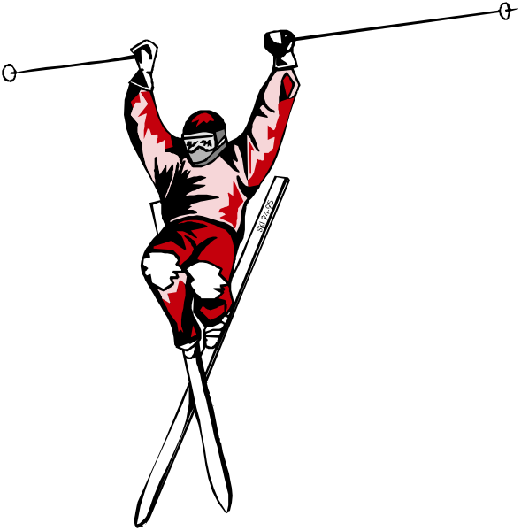 The image shows a cartoon of an athlete on skis jumping over another person who is sitting down with their arms raised in triumphant pose against a black background.