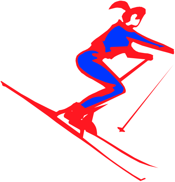 The image shows a black and white silhouette of an individual on skis with two different poses: crouched down in one pose and standing up straight in another.