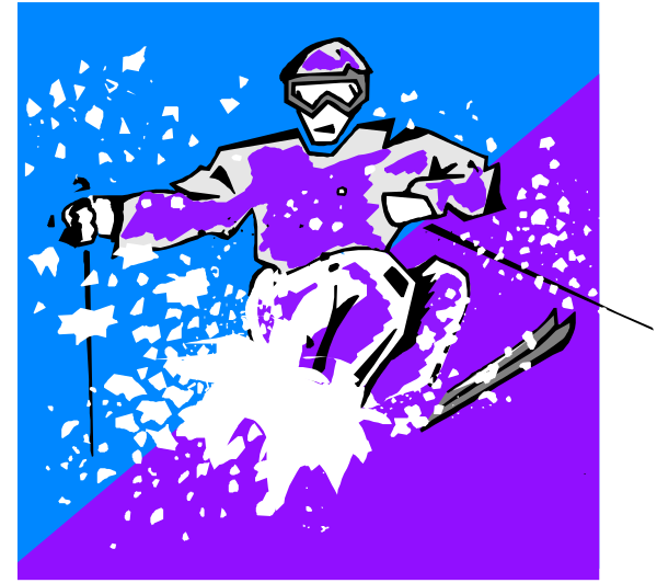 The image shows a purple skiier on snow with white speckles around them against a blue background; there is also an icon of two skis in front of the person.