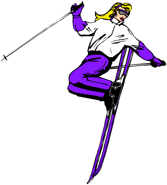 The black and white illustration shows a person on skis with ski poles, wearing purple clothing that includes goggles over eyes, gloves covering hands, pants ending in boots at ankles, and helmeted head; this individual is captured mid-air while performing trick or jump against dark background.