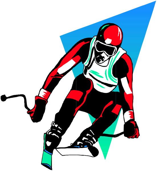 The image shows a stylized illustration of an athlete on skis with red helmet riding downhill against blue background.