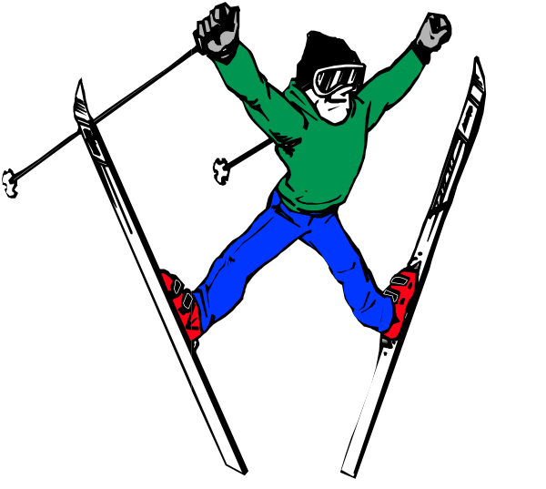 The image shows a cartoon of an animated person skiing downhill on skis with their arms outstretched for balance in front of snow-covered mountains under a clear sky at nighttime.