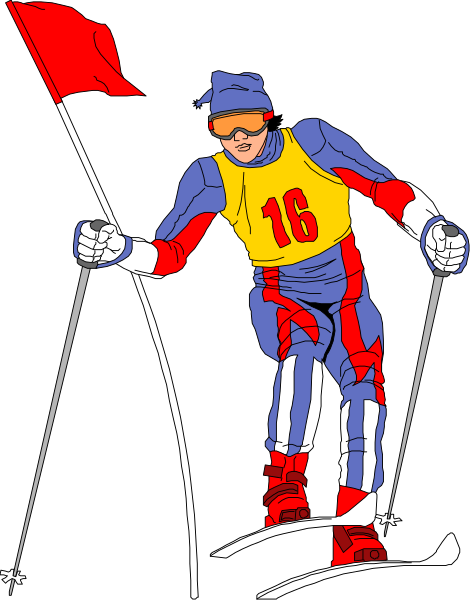 The illustration shows a person on skis holding ski poles with red numbers 16 attached to them, wearing goggles over eyes, racing downhill in front of an American flag waving from behind and above their head. They appear focused ahead as if navigating through the course or competition. There is no text present within this image. The background appears darkened for contrast with a white border framing it.