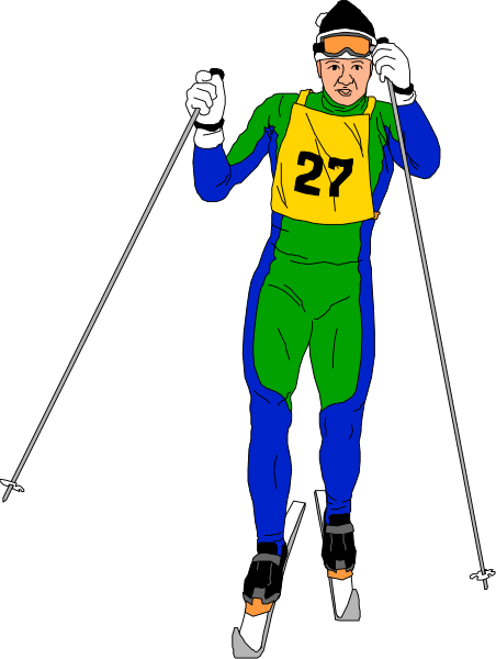 The illustration shows a person wearing ski gear with number 27 on it standing upright while holding two poles at an angle in front of them against a black background. They appear to be posing for the image, as their body is facing forward and not engaged in any action that suggests movement or activity beyond this pose. The style seems cartoonish due to its simplicity and lack of detail typical of clip-art images.