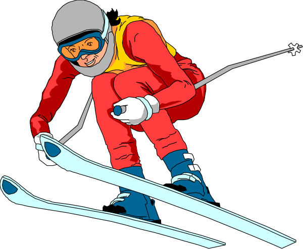 The illustration shows a cartoon of an animated skier wearing goggles on his eyes while skiing downhill with two poles in hand against a black background.