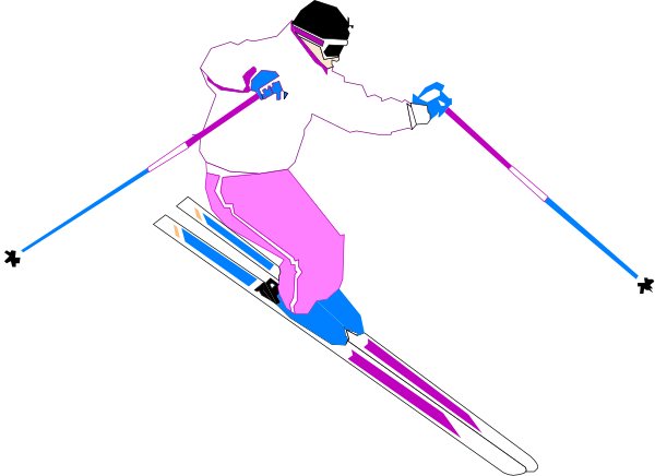 The image shows a person skiing downhill on skis with poles extended outwards for balance.