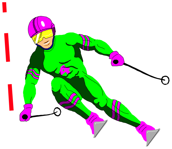 The illustration shows a cartoon of an athlete wearing green spandex with purple stripes on it, crouched in mid-air while running through what appears to be a tunnel at high speed.