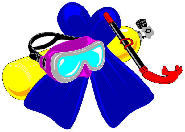 The image shows a cartoon of scuba diving gear including flippers, goggles with red straps, an oxygen tank labeled "air," and fins on either side; all items appear to be floating in water against a dark background.