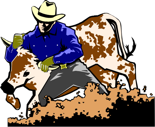 The image shows a cartoon of two cowboys riding on top of cows with lassos around their necks in what appears to be an arena-like environment during nighttime.