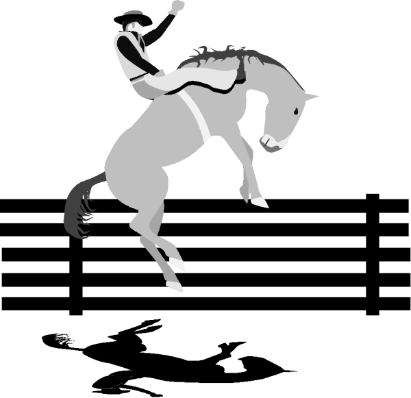 The black and white silhouette of a person riding on top of a horse with its front legs raised off the ground in mid-air jump pose against a dark background.
