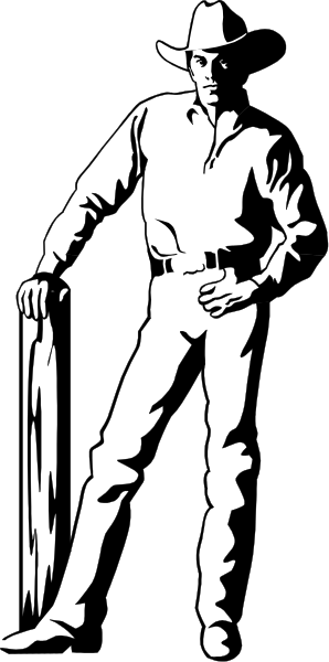 The image shows a black and white silhouette of an individual standing against a dark background with their back to us; we can see that this person is wearing what appears to be cowboy attire including chaps, boots, hat, and possibly spurs or holster on one hip.