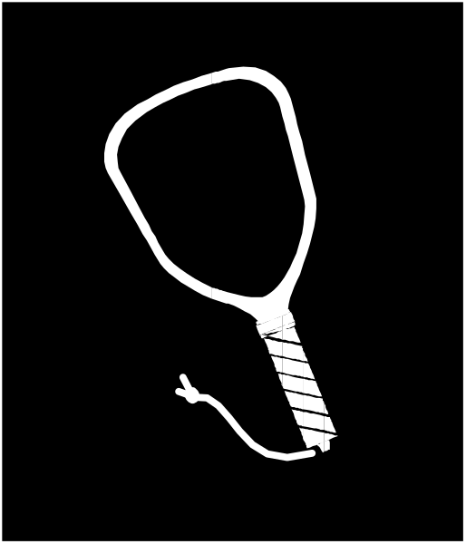 The black and white silhouette of a tennis racket with an "x" through it on top of what appears to be a baseball cap in front of a dark background.