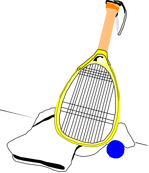 The image shows a tennis racket with an orange handle pointing upwards against a black background; there is also a blue ball in front of it on the right side.
