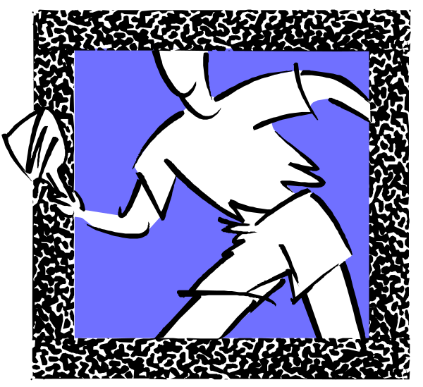 The image shows a black and white illustration of an animated character playing tennis with a racket on what appears to be a court surface within a blue square frame that has some texture resembling paper grain around it, giving it a collage effect.