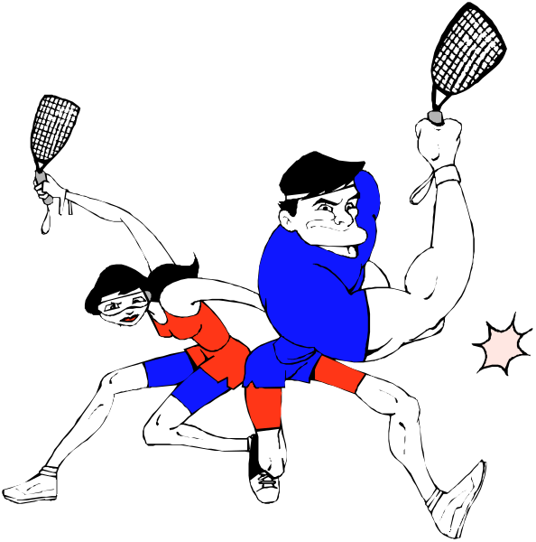 The black and white illustration shows two cartoon characters playing badminton with rackets; a man is holding his racket up in an aggressive stance while another character stands behind him looking surprised as if hit by something, possibly related to sports equipment like shuttlecocks or tennis balls.