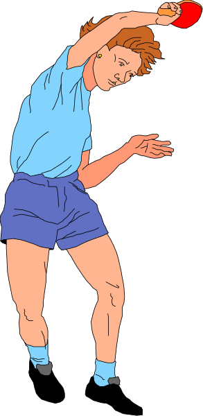 The image shows a cartoon of an athlete playing table tennis with two rackets; he is wearing shorts and has his arms outstretched in front of him as if ready to hit the ball.