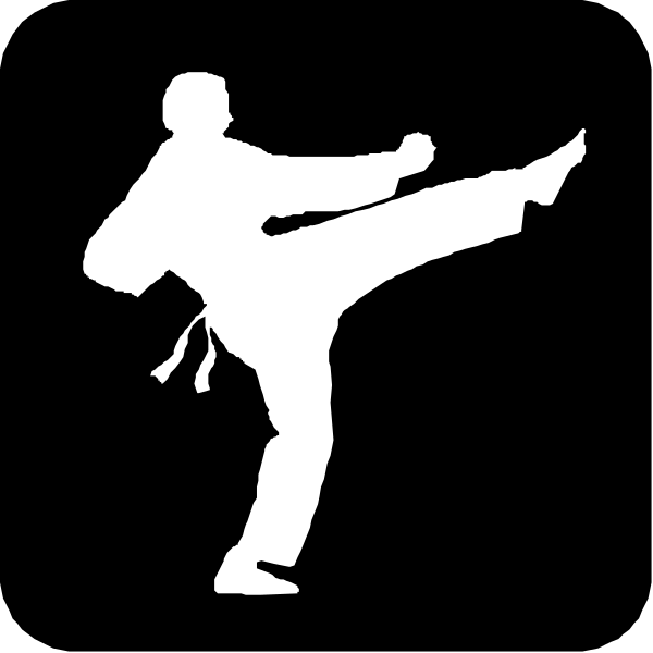 The black and white silhouette of a person performing martial arts kick with their leg raised high above them while standing on one foot in front of another figure who is also doing karate moves.