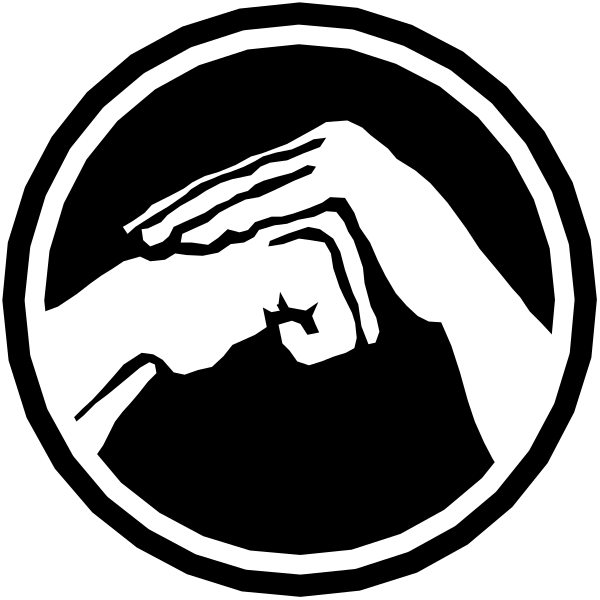 The black and white logo of a hand gesture that resembles an "OK" sign with two fingers extended upwards in front of each other.