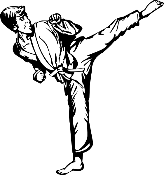 The black and white illustration shows a person performing martial arts kicks with their leg extended outward while wearing traditional karate attire that includes a gi top and pants.