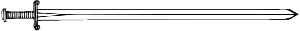 The black and white illustration shows a sword with its blade pointing upwards to the right side of the frame against an untextured background.