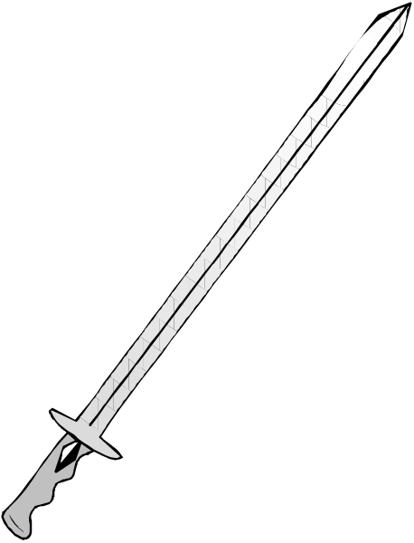 The black and white illustration shows a sword with two blades crossed over each other against a dark background.
