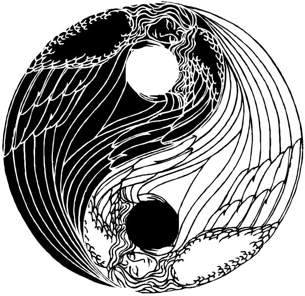 The black and white illustration features a yin yang symbol with two birds perched on opposite sides of it; each bird has wings spread wide as if in flight.
