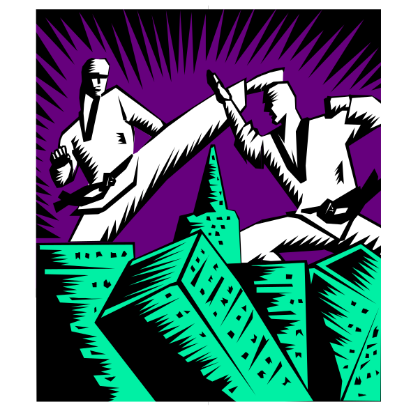 The illustration depicts two stylized figures engaged in a martial arts pose with an urban cityscape background featuring buildings under neon lights at nighttime.