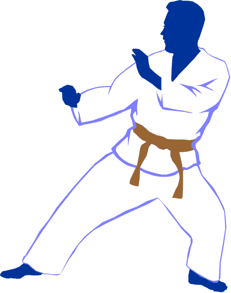 The image shows a cartoon of an adult male figure dressed as Bruce Lee performing martial arts moves with his arms outstretched in front of him against a black background.