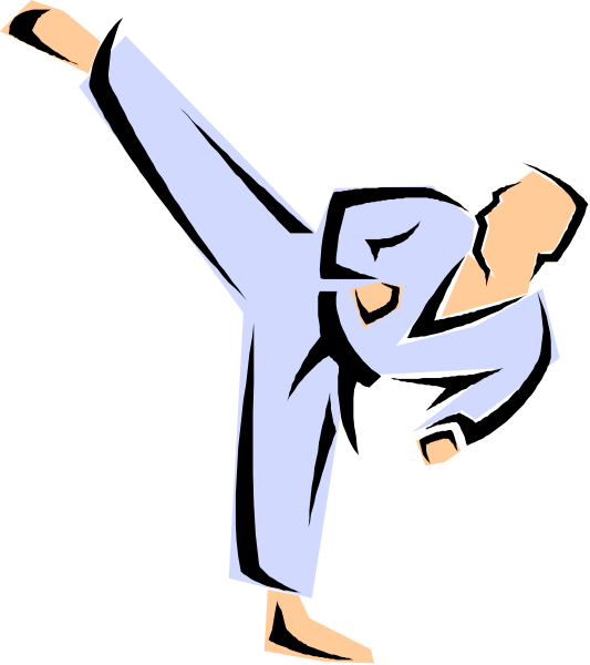The image shows a cartoon of an animated karate fighter performing a kick with his leg extended outward while standing on two legs in what appears to be mid-action pose against a black background.