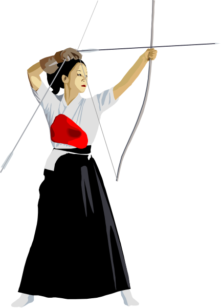 The image shows a black and white illustration of an archer holding two bows with arrows ready to be shot; she is wearing traditional Japanese attire including a kimono and obi sash, standing against a dark background that contrasts her figure.